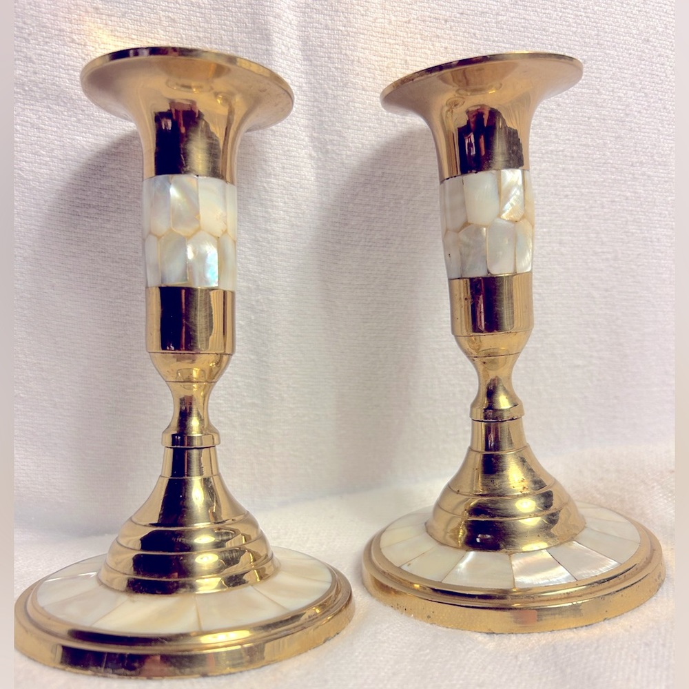 The Bombay Company vintage set of 2 brass w/mother of pearl inlay candlesticks